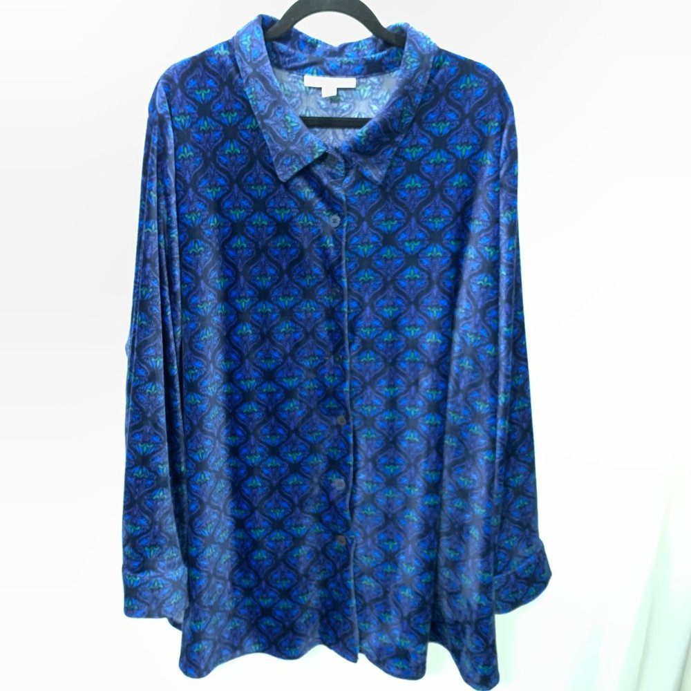 Woman Within 3x Velor Patterned Buttoned Down Top